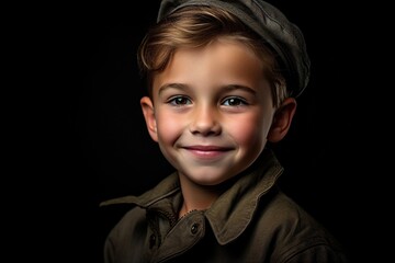 Canvas Print - Portrait of a cute little boy in military uniform on dark background.Generative Ai