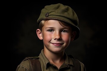 Canvas Print - Portrait of a cute little boy in military uniform on dark background.Generative Ai