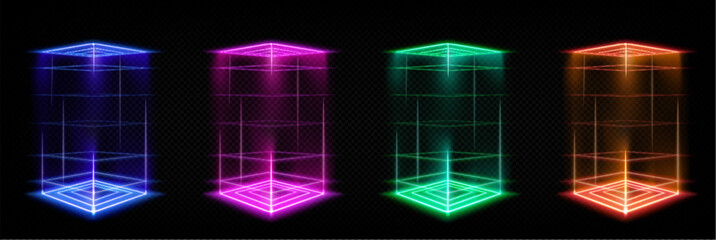 Poster - set of square hologram portals with color light effect. vector realistic illustration of futuristic 