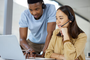 Aufkleber - Call center, customer service and manager helping a consultant with crm communication in the office. Contact us, headset and telemarketing agents working on online consultation together in workplace.