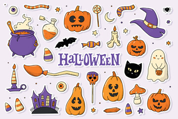 Wall Mural - Set of pre-made Halloween stickers with white edge for prints, sublimation, labels, cards, posters, apparel, planners, stationary, etc. EPS 10