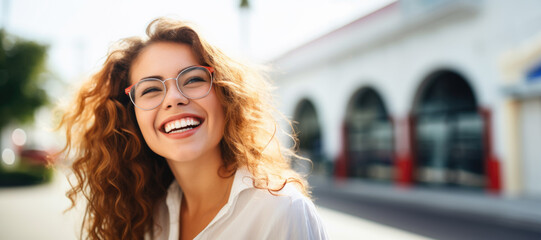 Wall Mural -  Portrait of happy young woman wearing glasses outdoors