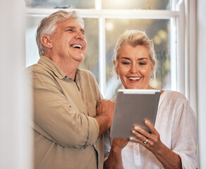 Wall Mural - Old couple, tablet and laughing at funny video, connection and retirement together, tech and happiness. Man, woman and touchscreen gadget at home, social media and communication with comedy online