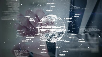 Poster - Animation of globe with connections and data processing over caucasian businessman using smartwatch