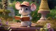 Cute Cartoon Story Book Mouse Character in a Garden Wearing a Hat. Generative AI