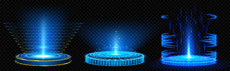 Poster - digital portals on circle podiums with hologram and light effects. 3d futuristic platforms with blue