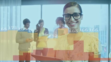 Poster - Animation of statistical data processing over caucasian woman using tablet and smiling at office