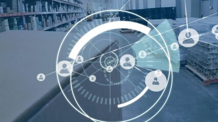 Poster - Animation of network of connections with icons and 5g text over warehouse