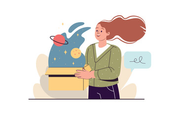 Poster - Open space concept with people scene in the flat cartoon style. The girl works with open space. Vector illustration.