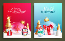 Christmas Text Vector Poster Set Design. Merry Christmas And Happy New Year Greeting Card With Snow Man And Penguin Characters. Vector Illustration Holiday Season Card Lay Out Collection.