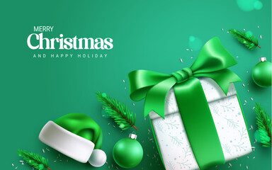 Wall Mural - Merry christmas text vector design. Christmas gift box, santa hat, xmas balls and spruce in green elegant color for greeting card background. Vector illustration holiday season design.