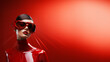 canvas print picture - Frau Gesicht mit modischer futuristischer Cyberspace Brille mit tollen Makeup in der Farbe rot Nahaufnahme, ai generativ