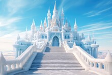 Fantasy Castle In The Snow. 3D Render. Fantasy Theme. A Beautiful Architectural Castle With Large Steps On The Stairs Surrounded By Ice And Water Under A Clear Sky, AI Generated