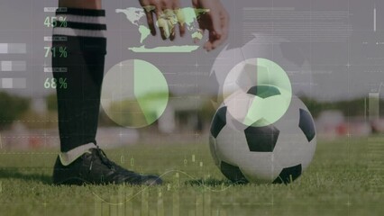 Poster - Animation of financial data processing over caucasian football player with ball on pitch