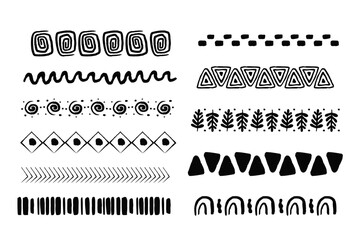 set african tribal motive border in doodle hand drawn style from geometrical shapes isolated on whit