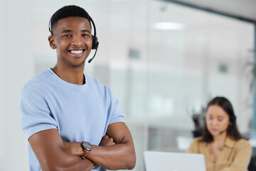 Poster - Portrait, call center and arms crossed with a black man consultant standing in his office for support. Customer service, contact us and trust with a happy male telemarketing employee in the office