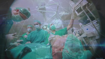 Canvas Print - Animation of connections and data processing over diverse surgeons at operating theatre