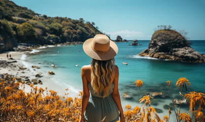 Wall Mural - Stylish girl traveling back view looking at tropical ocean.Young woman wearing long dress and straw hat standing in sea water at the beach enjoying view in the summer Holiday