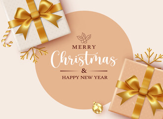 Wall Mural - merry christmas text vector template design. christmas gift boxes and snowflakes elements in gold el