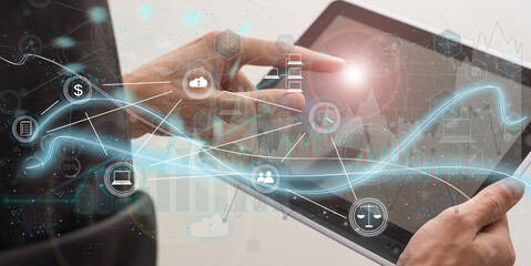 Poster - Double exposure of man's hands holding and using a phone and social network theme drawing.