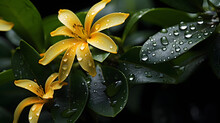 Delight In The Charm Of Rain-soaked Plants With Raindrops On Flowers And Leaves