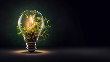 Pflanzen in der Glühbirne als symbolische Darstellung für Energiewende und grünen Strom, ai generativ