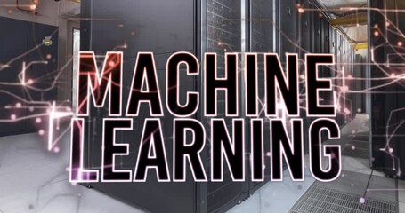 Poster - Animation of machine learning text banner and light trails against computer server room