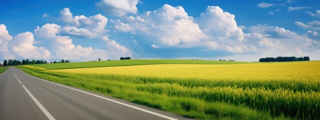 Beautiful idyllic landscape in countryside banner format with a wide field of cereals and a pasture divided by a deserted asphalt road against a blue summer sky