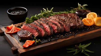 Steaks. Sliced grilled meat steak with spices rosemary and pepper on black marble board on old wooden background.