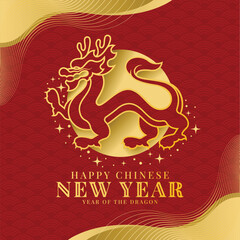 Wall Mural - Happy chinese new year - Gold Line dragon stand on circle moon with star around sign on red  texture background vector design