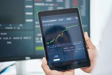Aufkleber - Tablet, stock market and trading with hands of man in office for investment graph, cryptocurrency and finance. Digital, technology and research with closeup of person for economy, analytics or profit