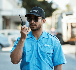 Poster - Walkie talkie, man and a security guard or safety officer outdoor on a city road with communication. Serious male person with radio on urban street to report crime for investigation and surveillance