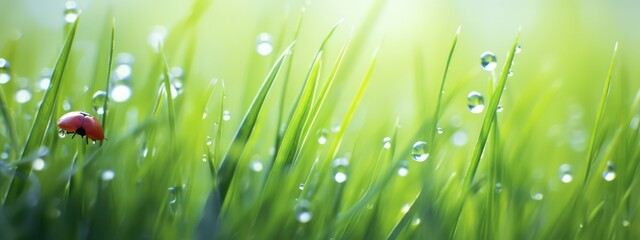 Sticker - Fresh juicy young grass in droplets of morning dew and a ladybug in summer spring on a nature macro. Drops of water on the grass, natural wallpaper, panoramic view, soft focus