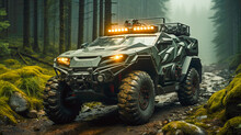 Futuristic AllTerrain Vehicle Parked In A Foggy Forest AI Generated