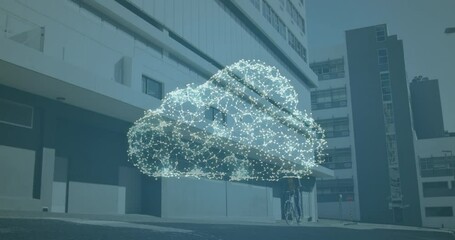 Poster - Animation of network of connections forming cloud and security padlock icon against tall buildings