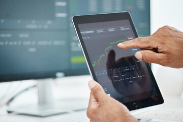 Poster - Tablet screen, stock market and hands of man in office for investment graph, cryptocurrency and finance. Digital, technology and research with closeup of person for economy, analytics or trading