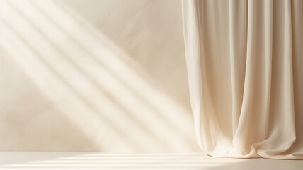 Fototapete - Empty curtains stage light on beige background. Mock up Product display podium with Generative Ai.
