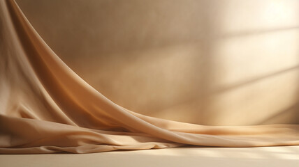Poster - empty curtains stage light on beige background texture. mock up product display podium with generati