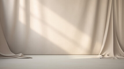 Poster - empty curtains stage light on beige background. mock up product display podium with generative ai.