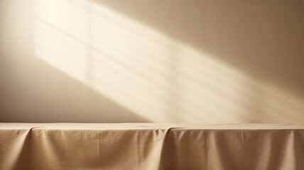 Fototapete - Empty curtains stage light on beige background texture. Mock up Product with Generative Ai.