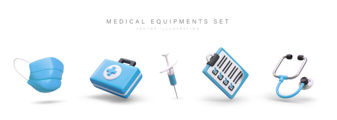 set of different medical equipment. 3d realistic protective mask, box with medical aid, syringe, cli