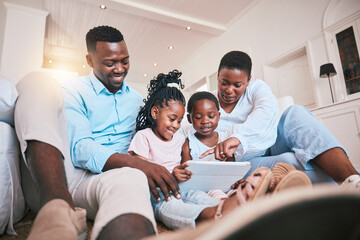 Poster - Relax, streaming and tablet with black family in living room for happy, games and elearning app. Digital, technology and internet with parents and children at home for movies, education and network