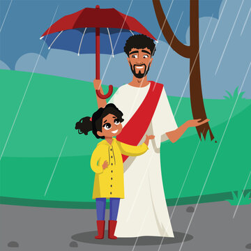 Jesus opens an umbrella for the girl and walking in the rain