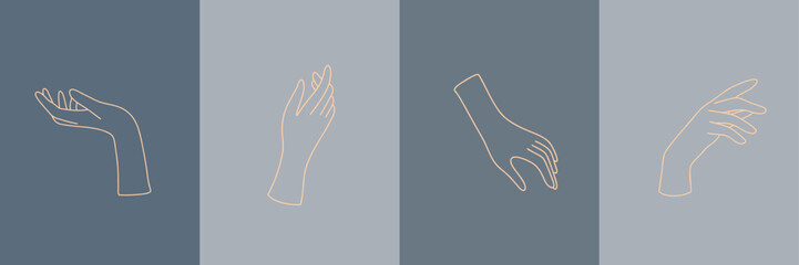 Pre-made art poster with female hands in line art style; vector illustration set with hand gestures