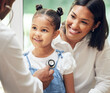 © Talia Mdlungu/peopleimages.com - Mother, child and doctor with stethoscope for health care in a hospital for heart and lungs. African woman, pediatrician man and kid patient for medical help, family insurance or development check