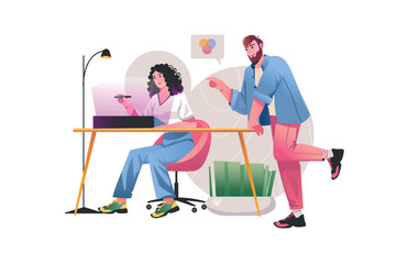 Poster - Creative agency concept with people scene in the flat cartoon design. A team of creative designers is working on a project in the studio. Vector illustration.