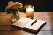 Libro, diario con bolígrafo para escribir. Libro en blanco con pluma estilográfica sobre una mesa de madera con decoración de flores y una vela aromática encendida. Generative ai.