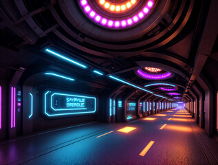 Poster - cyberpunk tunnel with neon lights, Generative AI