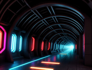 Poster - cyberpunk tunnel with neon lights, Generative AI