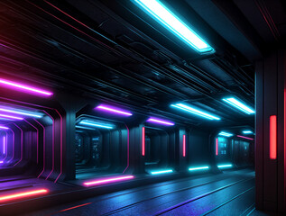 Poster - cyberpunk tunnel with neon lights, Generative AI